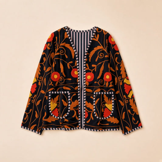 Pomegranate Vine Embroidered Collarless Jacket