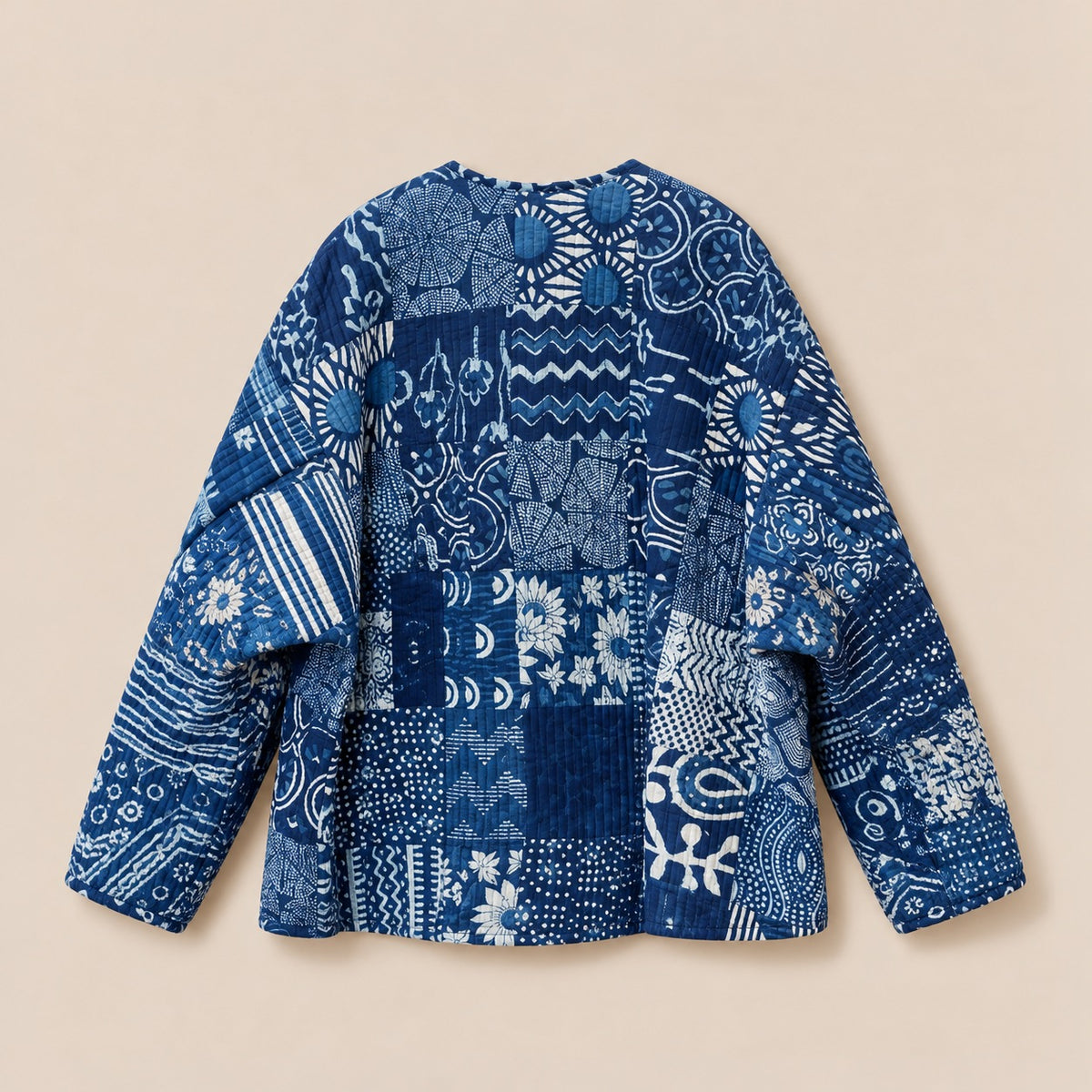 Indigo Patchwork Quilted Jacket by Dot&Pod – back view, another patchwork