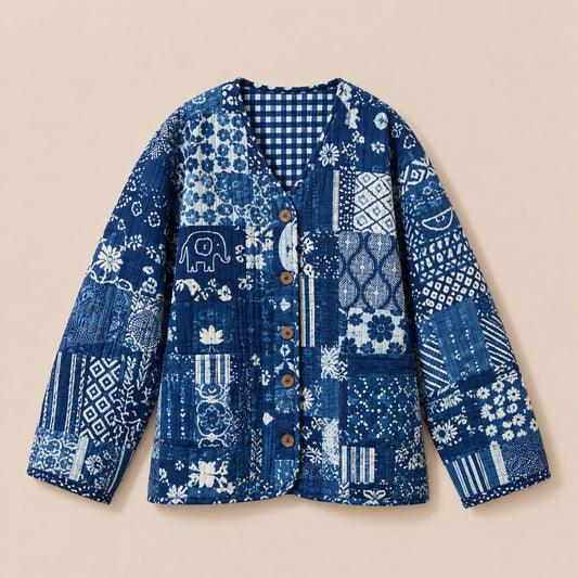 Indigo Patchwork Quilted Jacket by Dot&Pod – front view