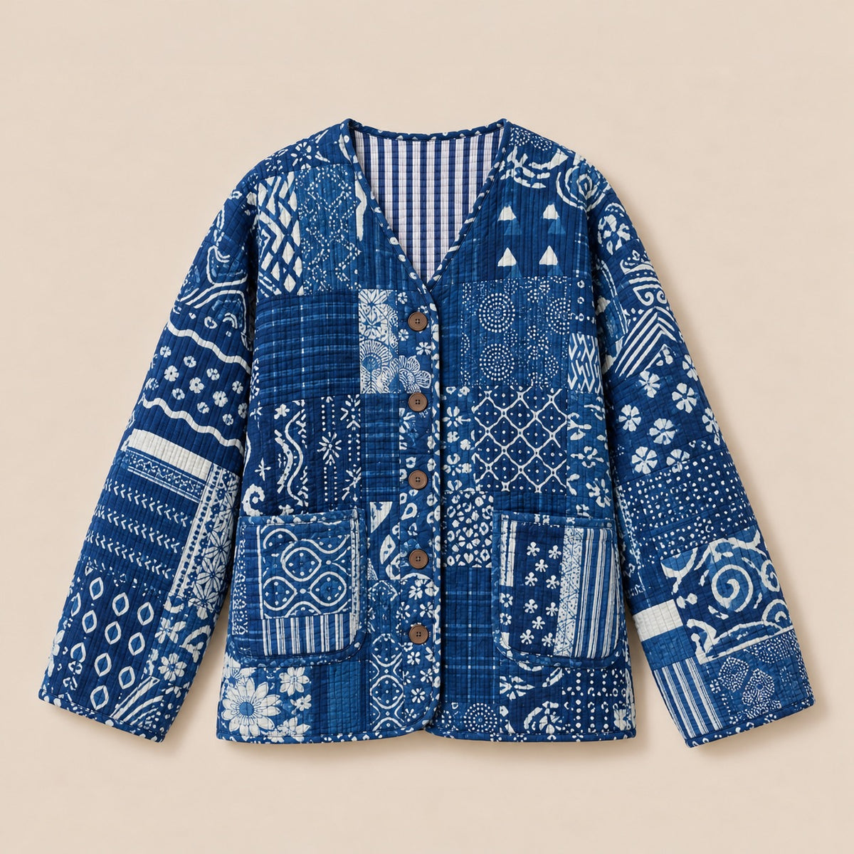 Indigo Patchwork Quilted Jacket by Dot&Pod – front view, another patchwork