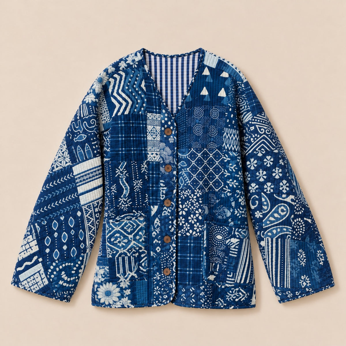 Indigo Patchwork Quilted Jacket by Dot&Pod – front view, another patchwork
