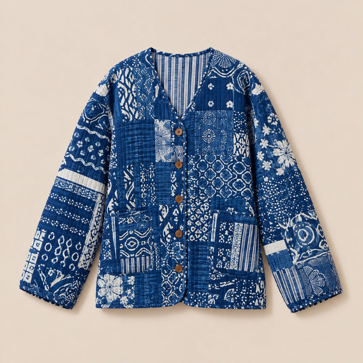 Indigo Patchwork Quilted Jacket by Dot&Pod – front view, another patchwork
