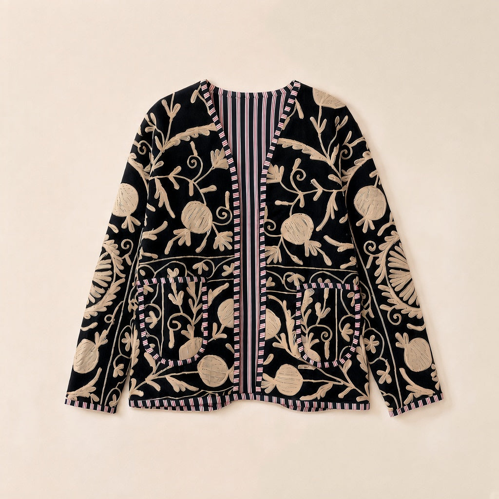 Pomegranate Vine Embroidered Collarless Jacket