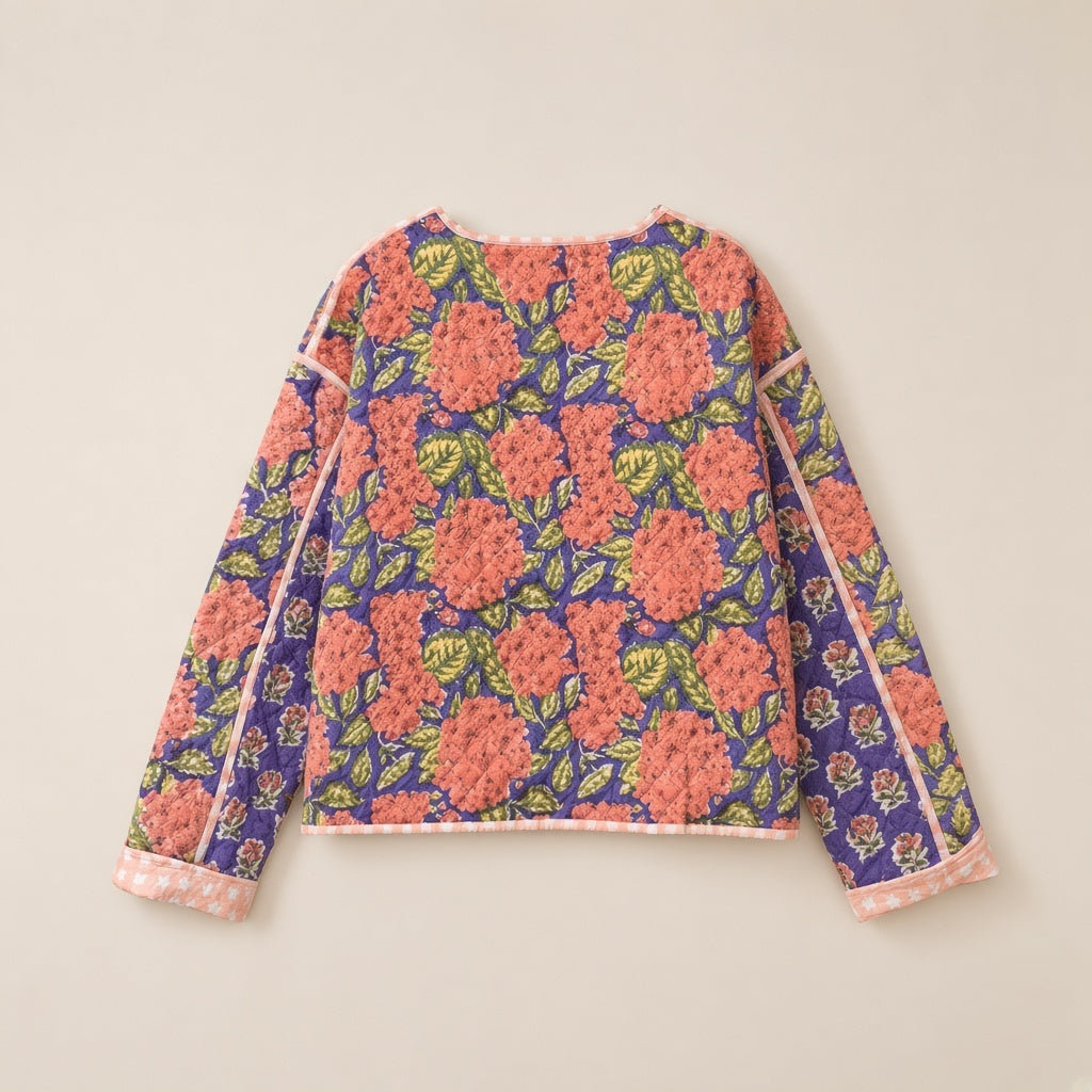 Block Print Quilted Jacket in Violet Hydrangea by Dot&Pod – back view