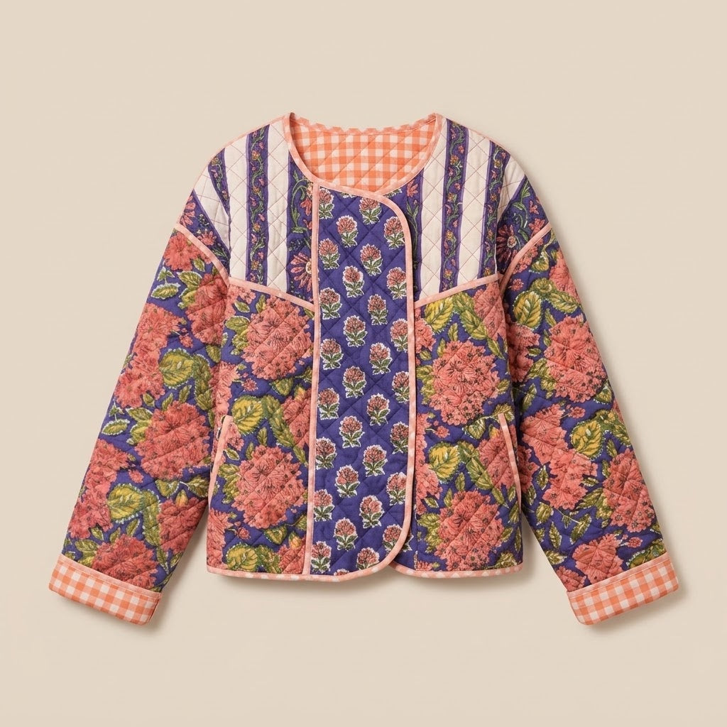 Block Print Quilted Jacket in Violet Hydrangea by Dot&Pod – front view