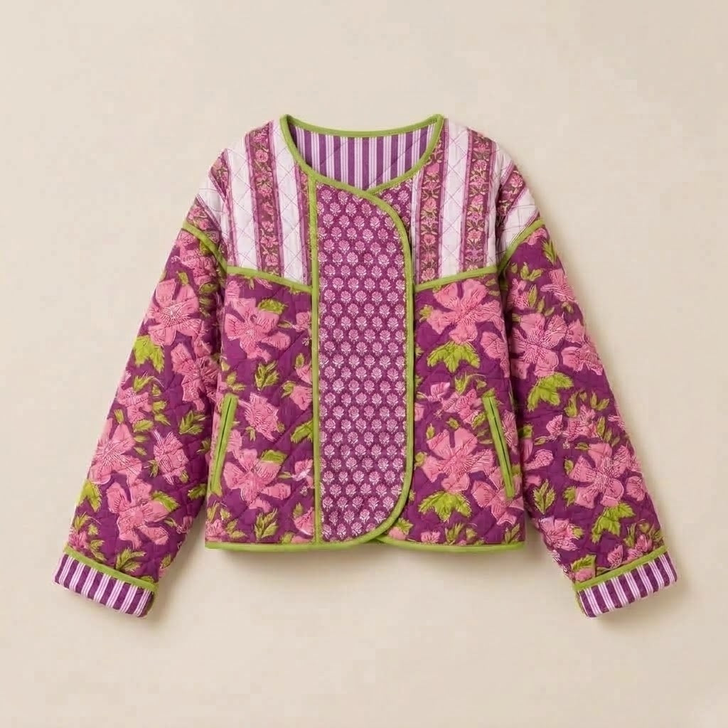 Block Print Quilted Jacket in Orchid Pink by Dot&Pod – front view