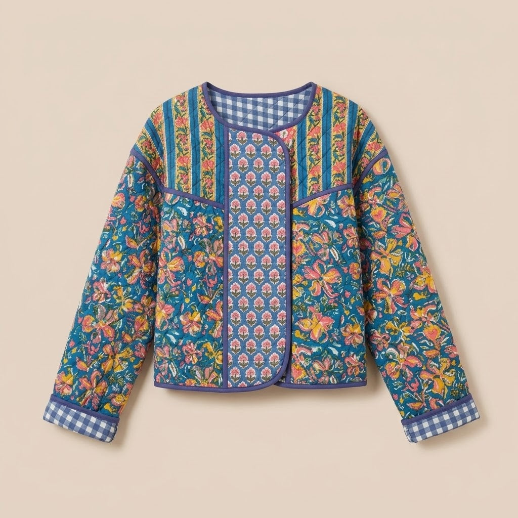 Block Print Quilted Jacket in Cobalt Blue by Dot&Pod – front view
