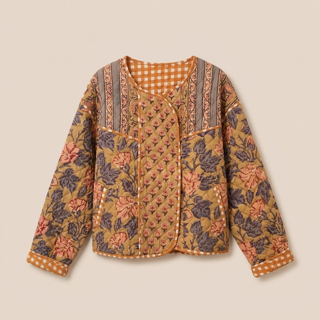 Block Print Quilted Jacket in Saffron by Dot&Pod – front view