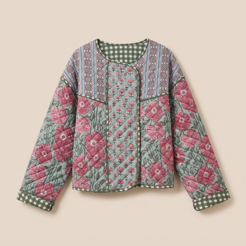 Block Print Quilted Jacket in Mint Blossom by Dot&Pod – front view