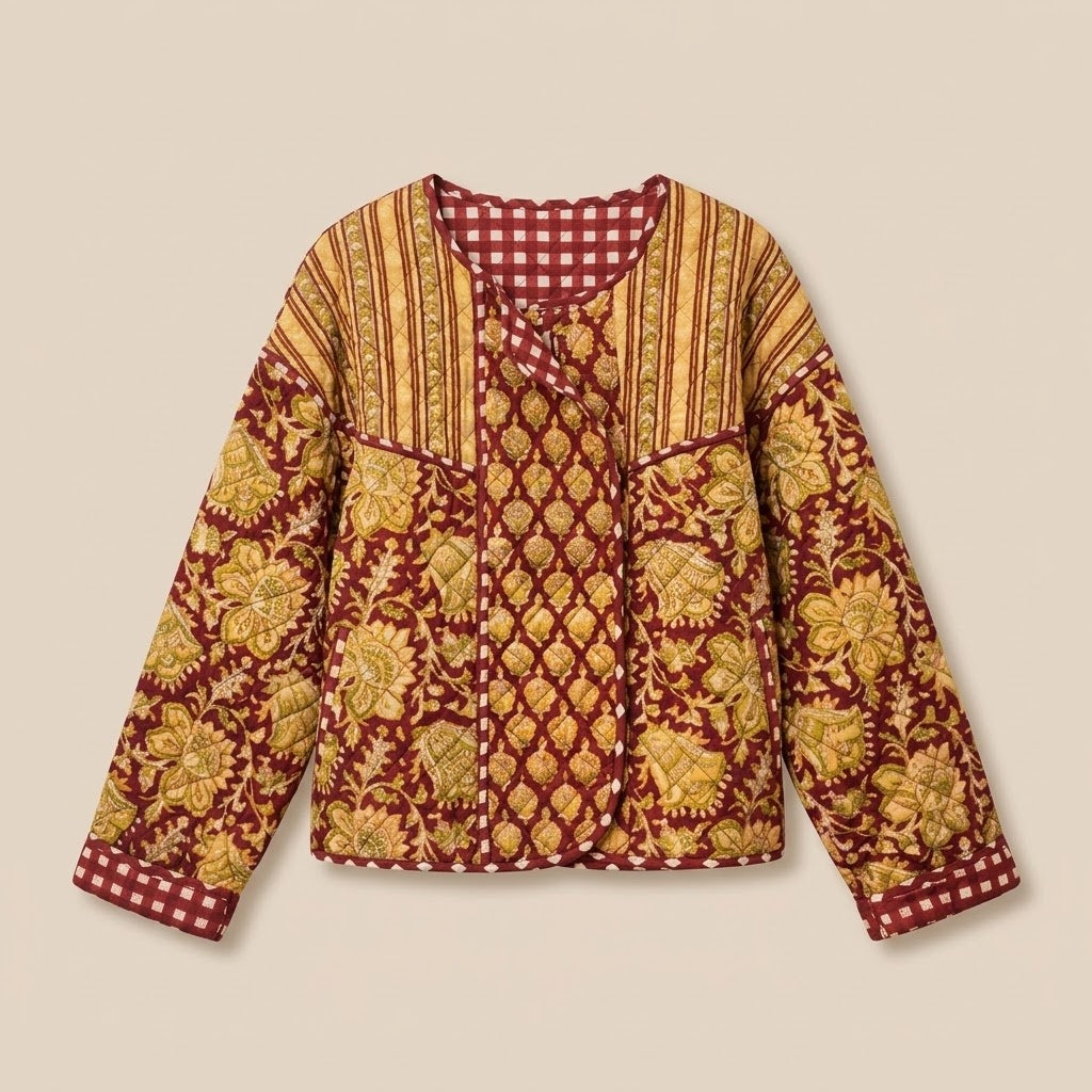 Block Print Quilted Jacket in Madder Red by Dot&Pod – front view