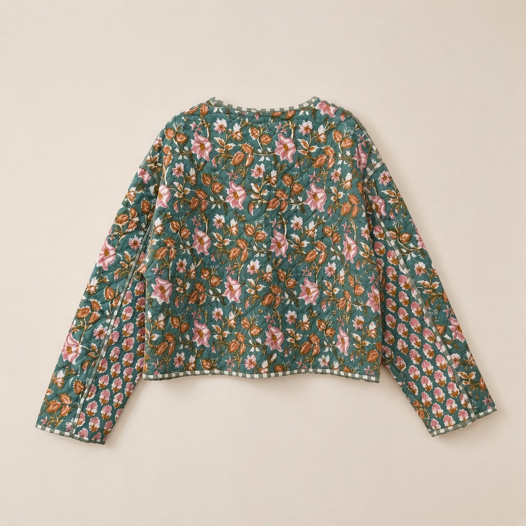 Block Print Quilted Jacket in Teal by Dot&Pod – back view