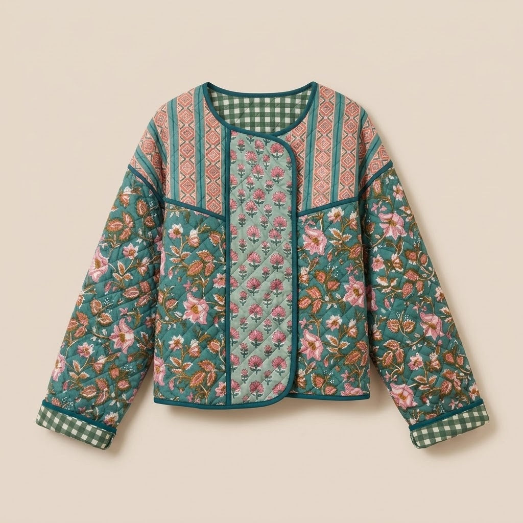 Block Print Quilted Jacket in Teal by Dot&Pod – front view